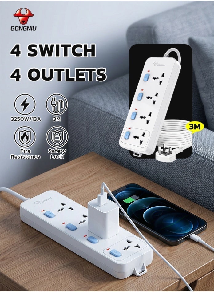 GONGNIU 4-Way Multi Plug Power Extension Cord 3M with 4 Universal Sockets, Individual Switches, Hanging Holes, Power Strip Extension Lead for Home & Office - Image 1